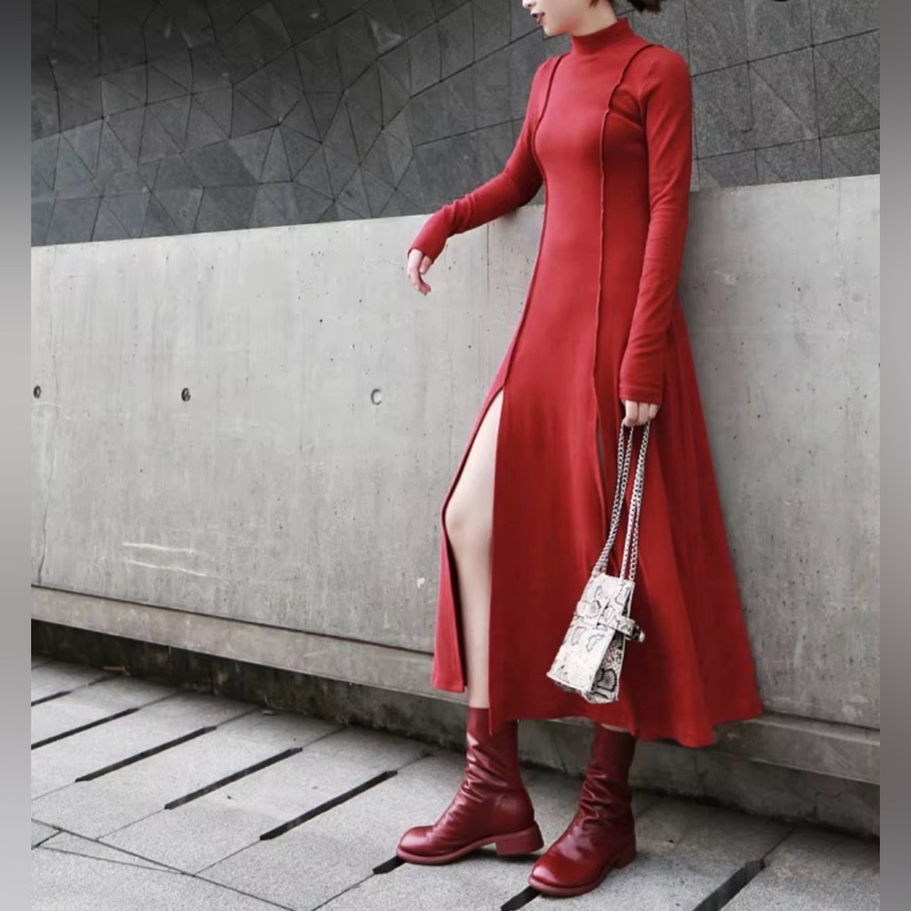 Long Sleeve Red Dress with Slit Hem